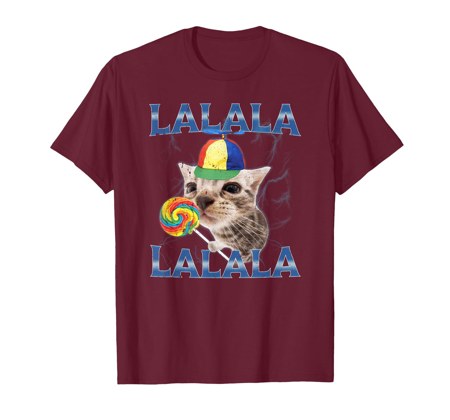 Silly Lalala Cat Meme with Propeller Hat and Candy T-Shirt