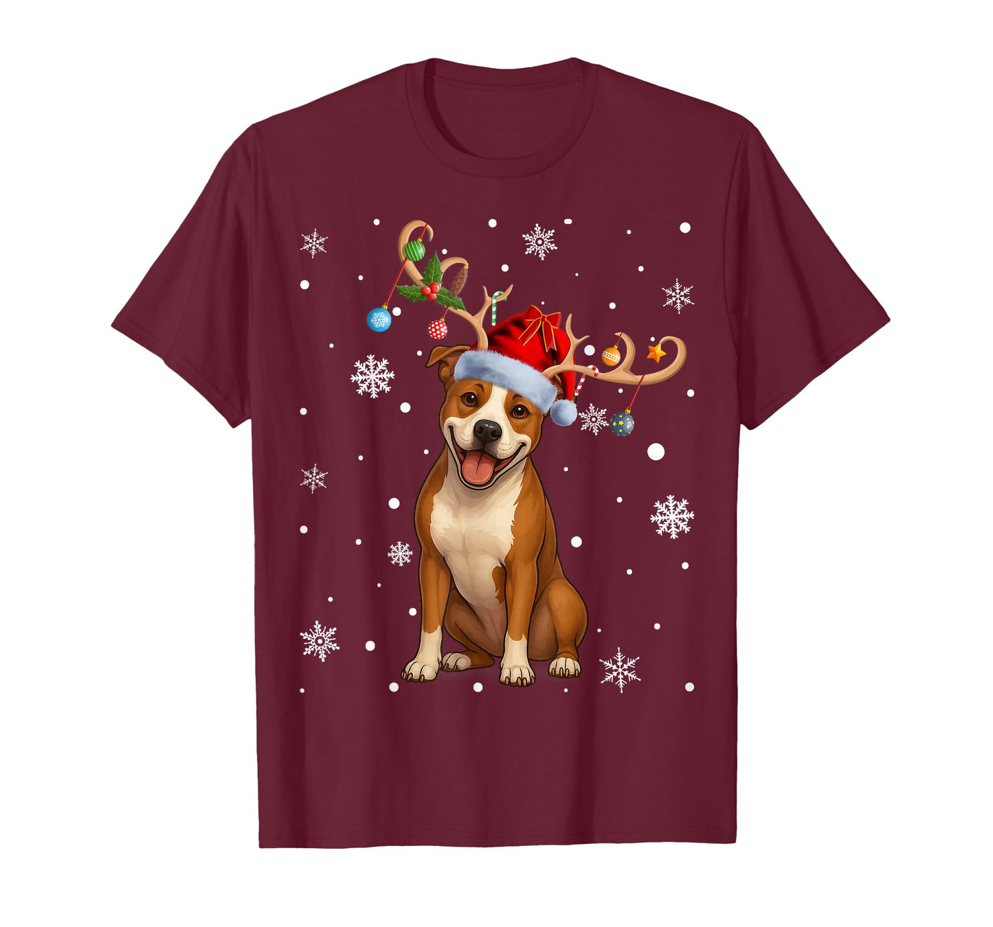 Christmas Balls Lights Reindeer Santa Pitbull Terrier Xmas T-Shirt