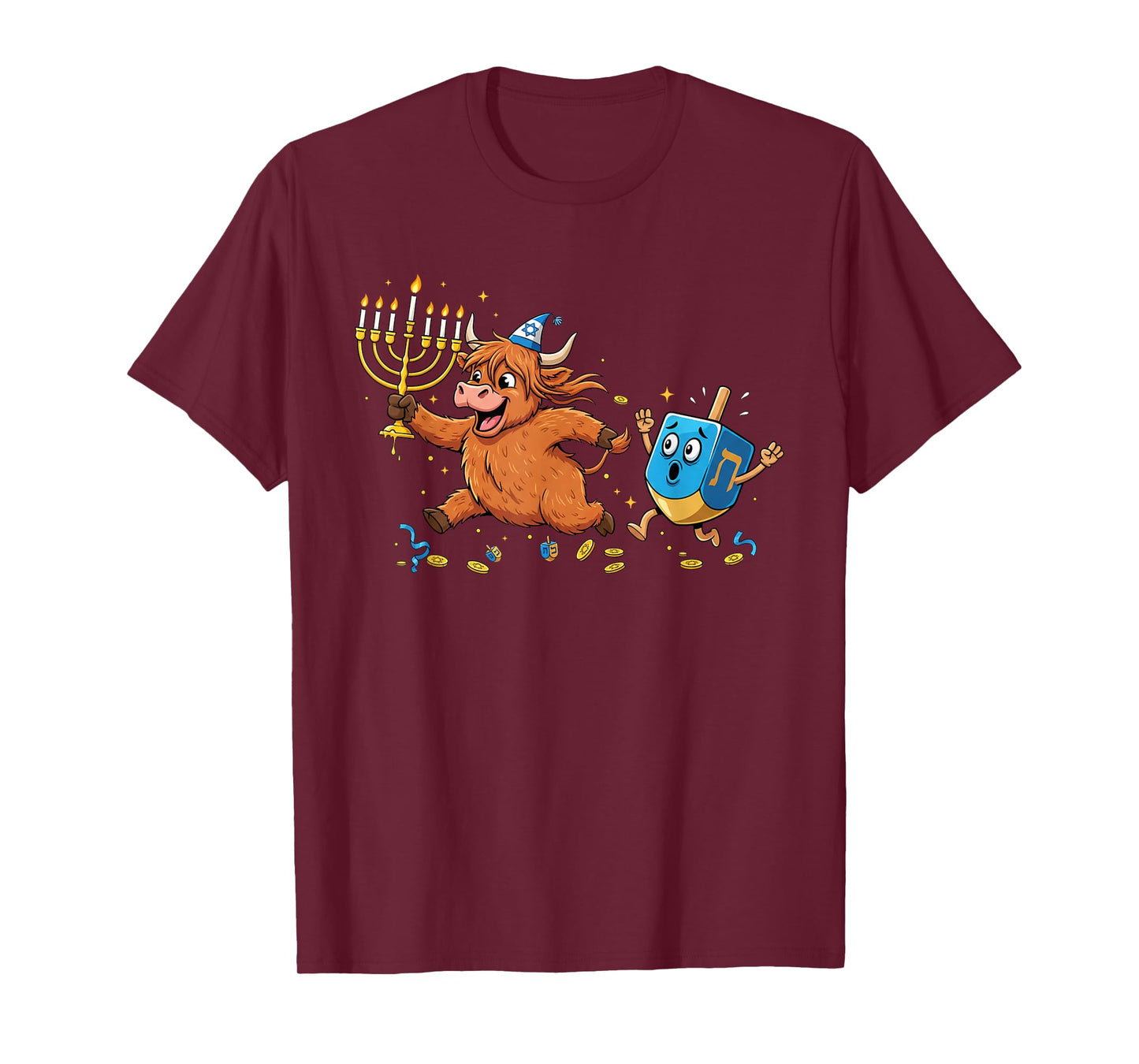 Funny Highland Cow Dreidel Menorah Hanukkah Kids Womens Mens T-Shirt
