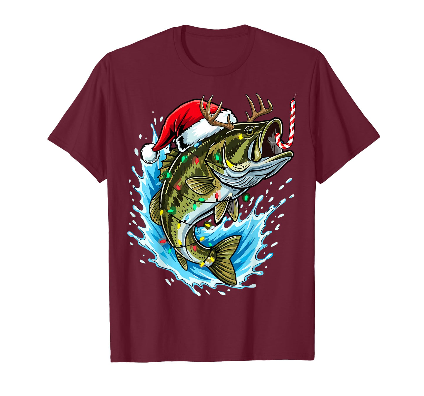 Christmas Bass Fishing Lights Xmas Santa Hat Fish T-Shirt