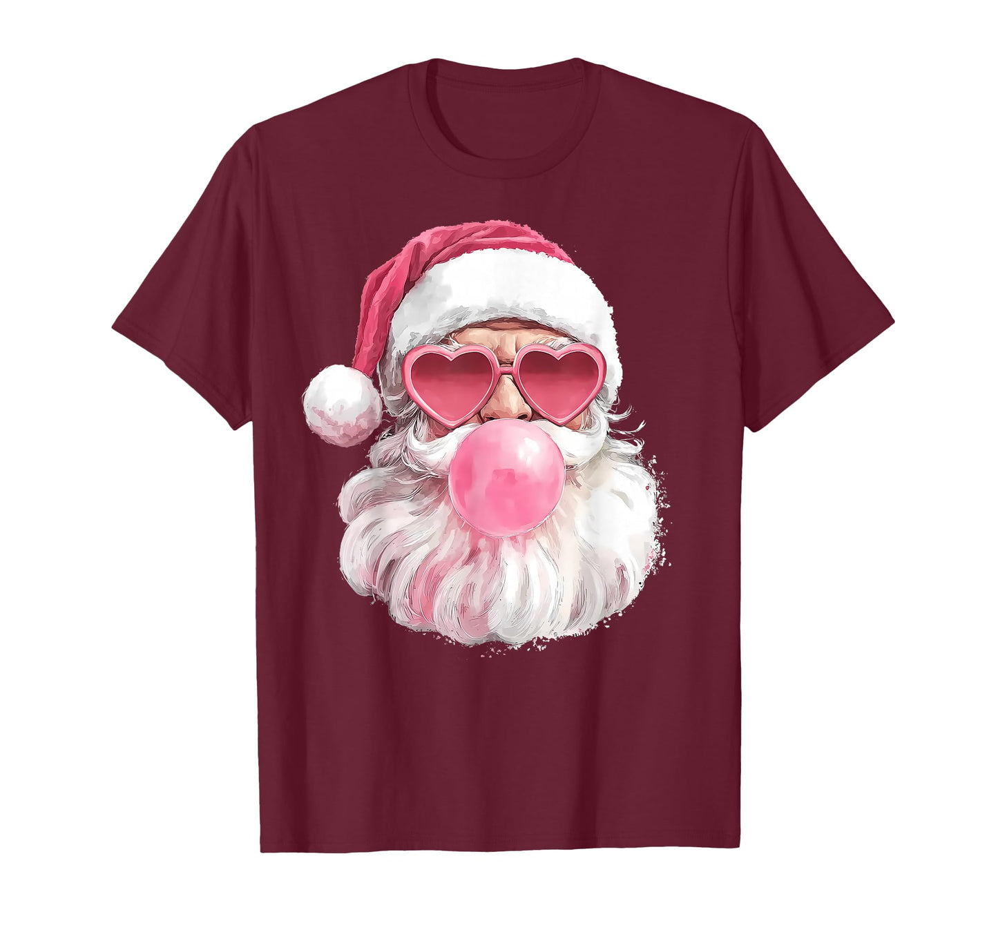 Christmas Retro Santa Face Bubble Gum Pink Heart Sunglasses T-Shirt