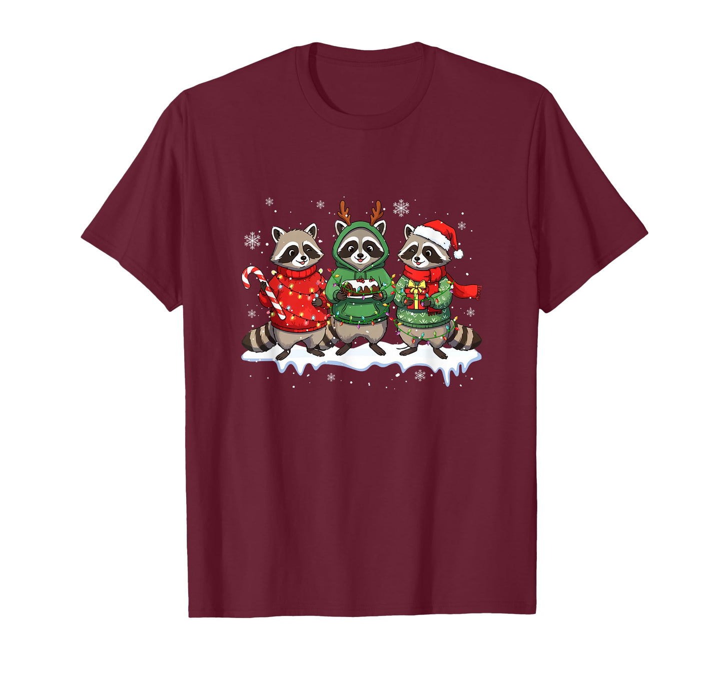 Three Santa Reindeer Raccoons Eating Xmas Cake Candy Canes T-Shirt
