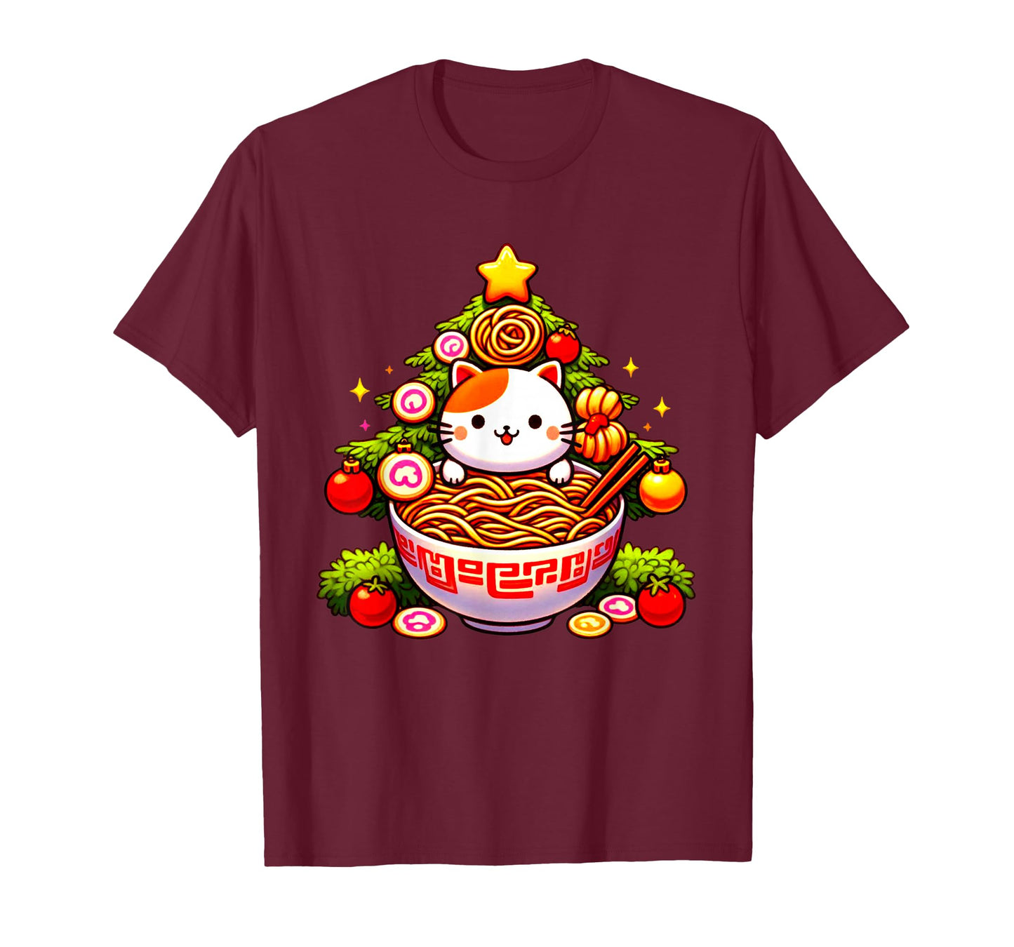 Kawaii Christmas Cat Ramen Christmas Tree Holiday Art T-Shirt