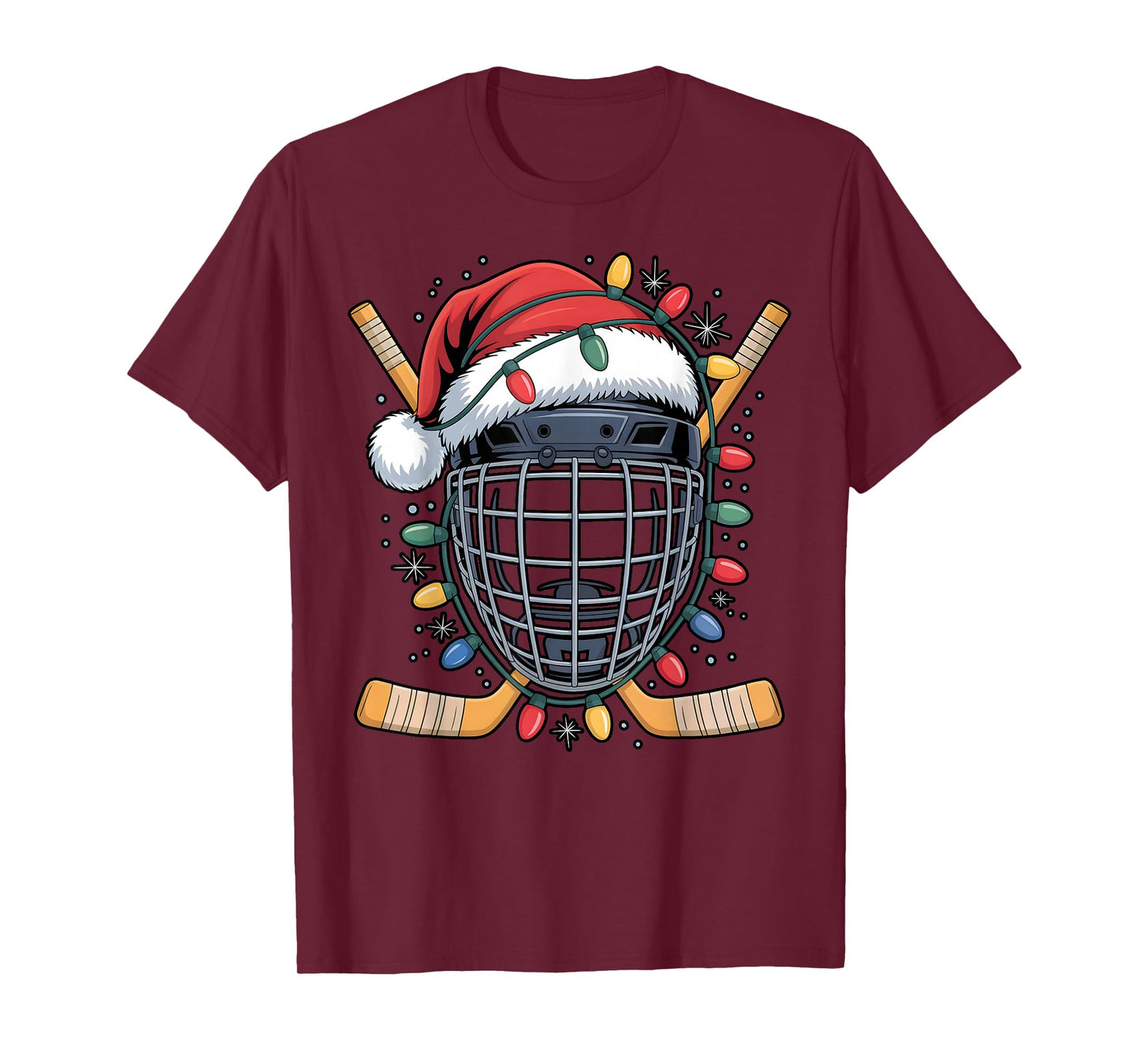 Santa Hockey Goalie Mask Christmas Lights Xmas Men Boys T-Shirt