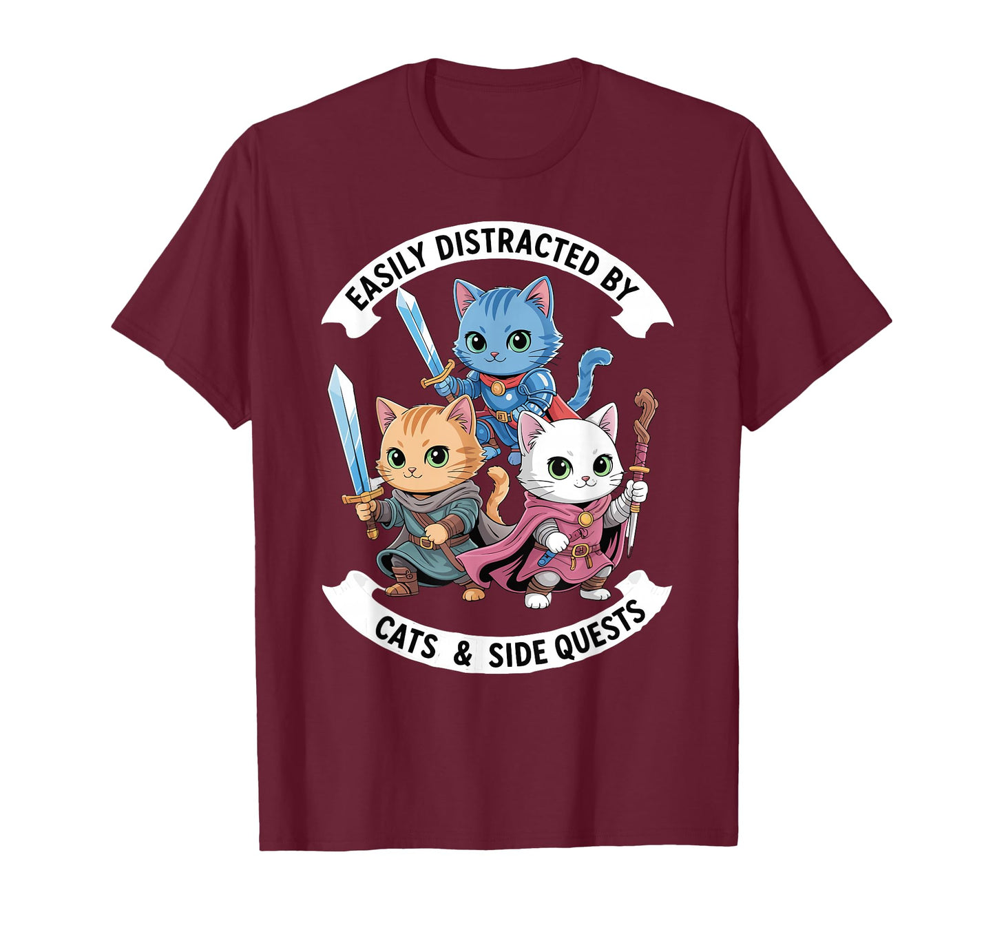 Easily Distracted by Cats & Side Quests Funny Cat Gamer RPG T-Shirt