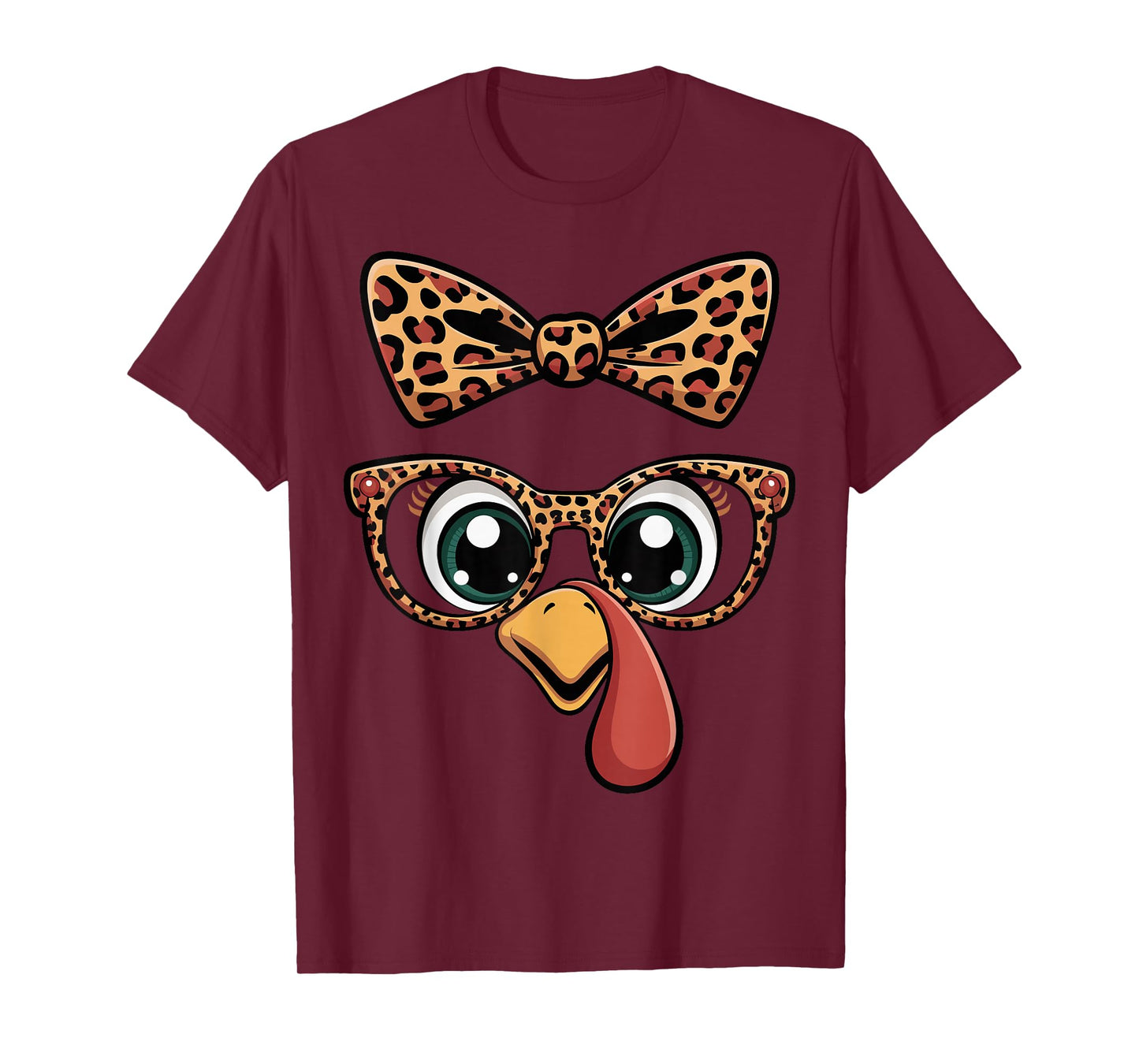 Thanksgiving Turkey Face Leopard Bow Glasses Women Girls T-Shirt