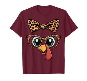 Thanksgiving Turkey Face Leopard Bow Glasses Women Girls T-Shirt