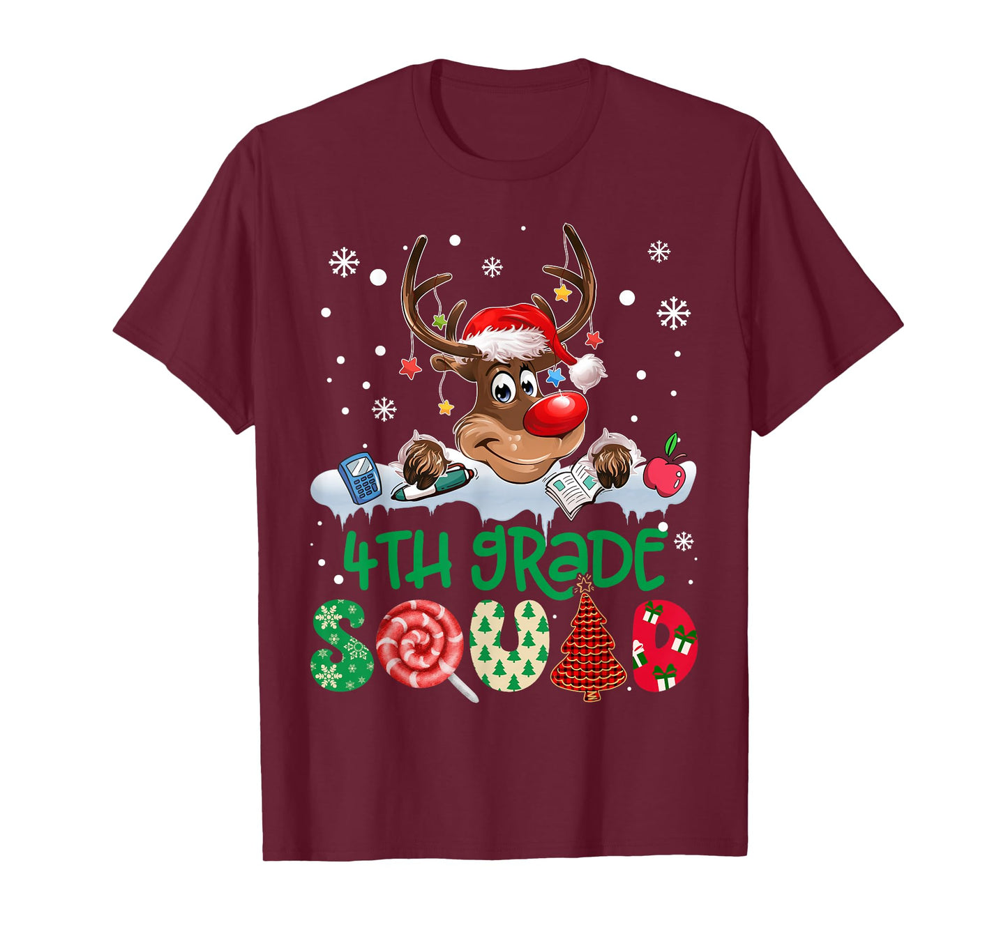 Reindeer Santa Hat 4th Grade Squad Teacher Christmas Kids T-Shirt