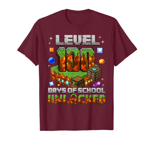 100 Days of School Gamer Level Unlocked Boys Kids Pixel Game T-Shirt