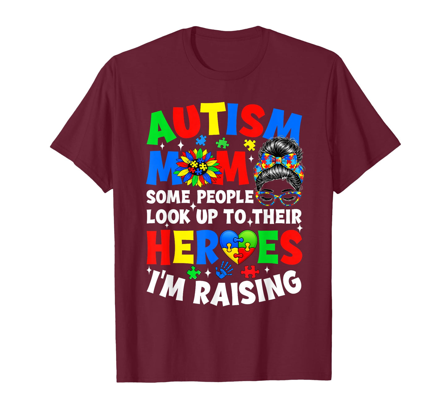 Autism Mom Raising Hero Groovy Messy Bun Autism Awareness T-Shirt
