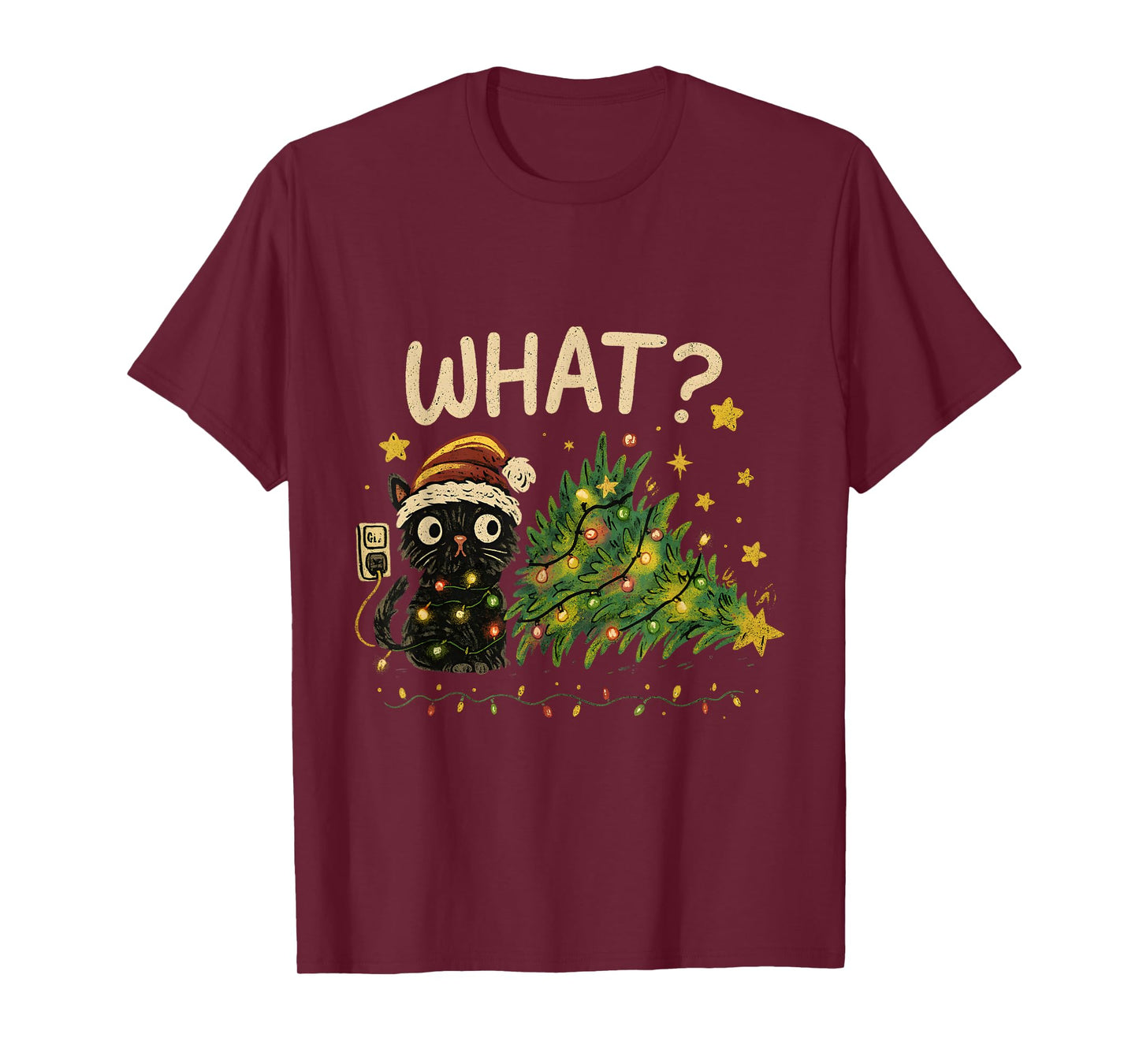 Funny Cat with Christmas Lights and Fallen Tree Art T-Shirt