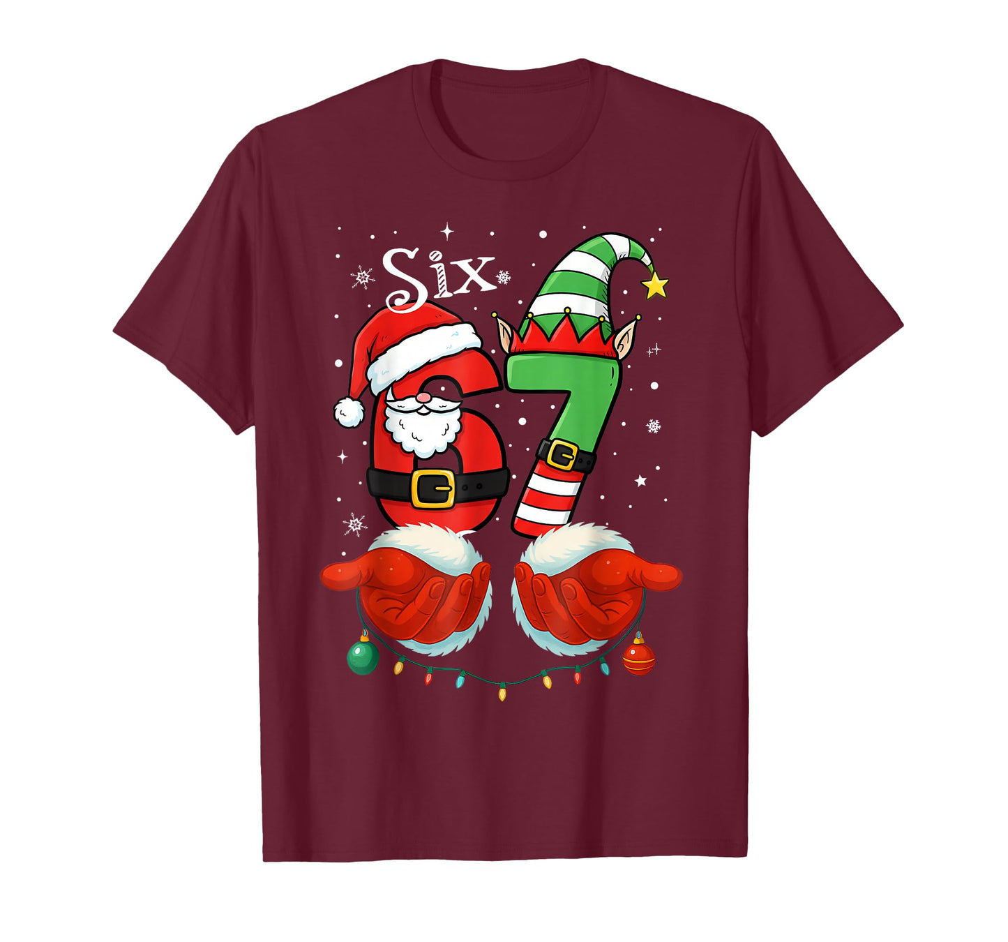 Funny Six Seven 67 Meme 6 7 Christmas Santa Hand Boys Teens T-Shirt