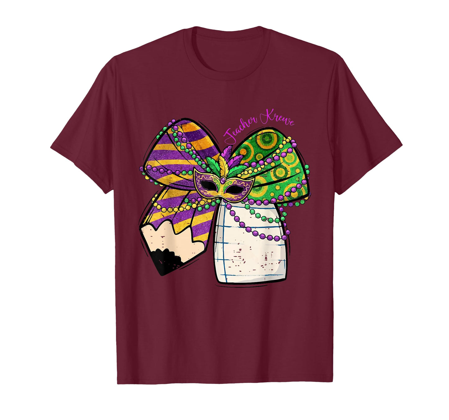 Coquette Bow Pencil Mask Beads Mardi Gras Teacher Krewe Cute T-Shirt