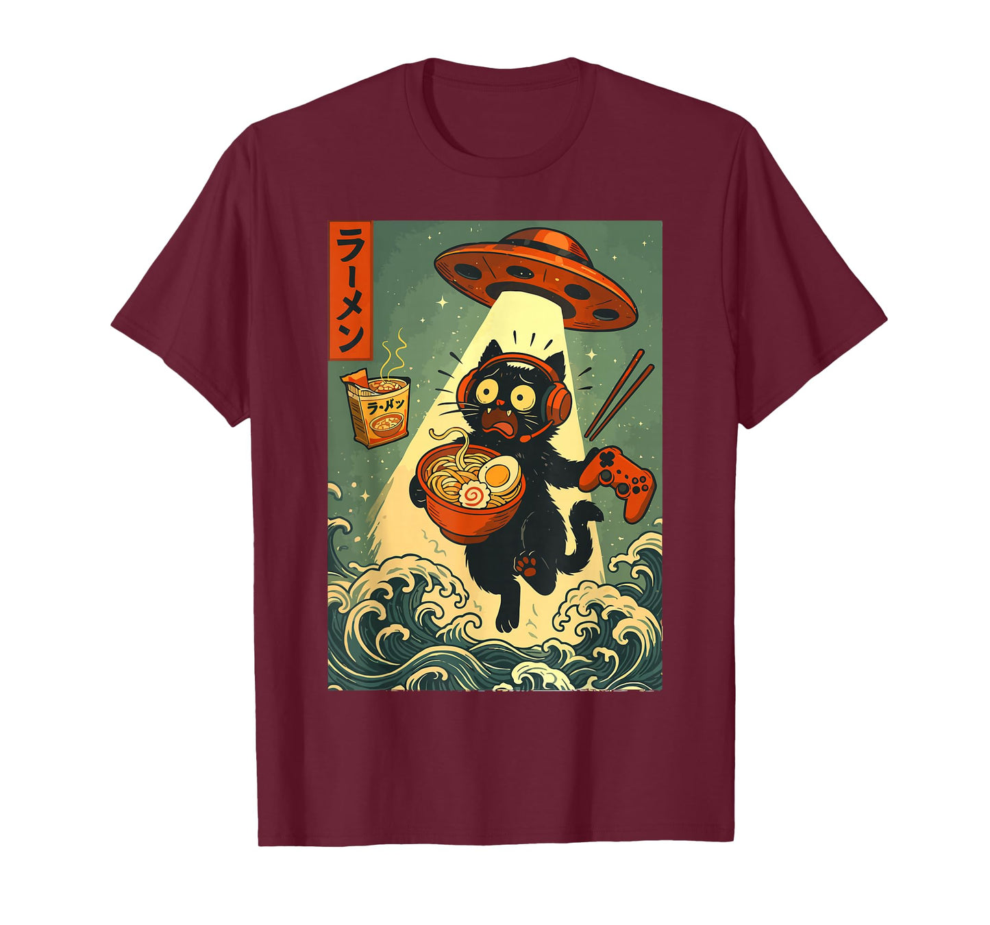 Cute Kawaii Gamer Cat Ramen Retro Japanese Design UFO Beam T-Shirt