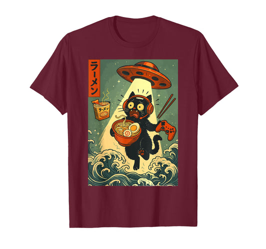 Cute Kawaii Gamer Cat Ramen Retro Japanese Design UFO Beam T-Shirt