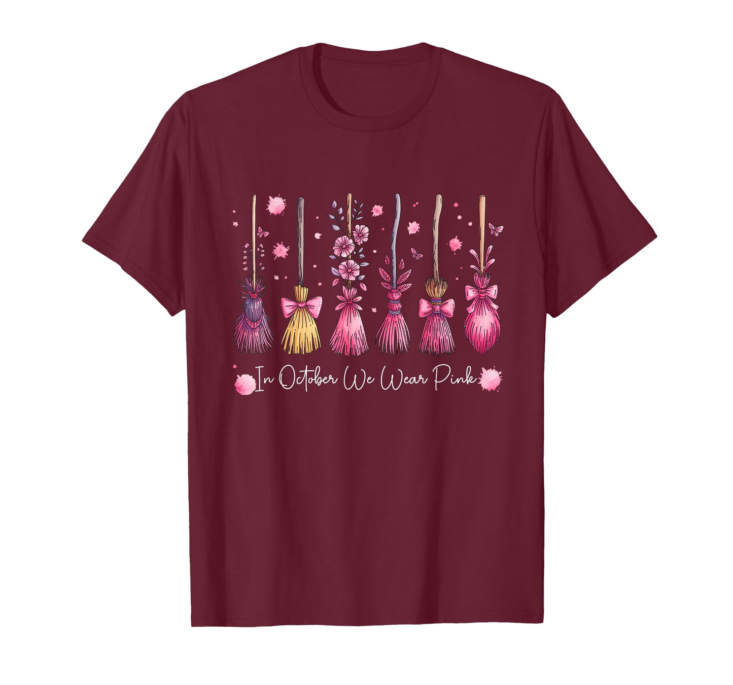 in October We Wear Pink Witch Broomsticks Breast Cancer T-Shirt