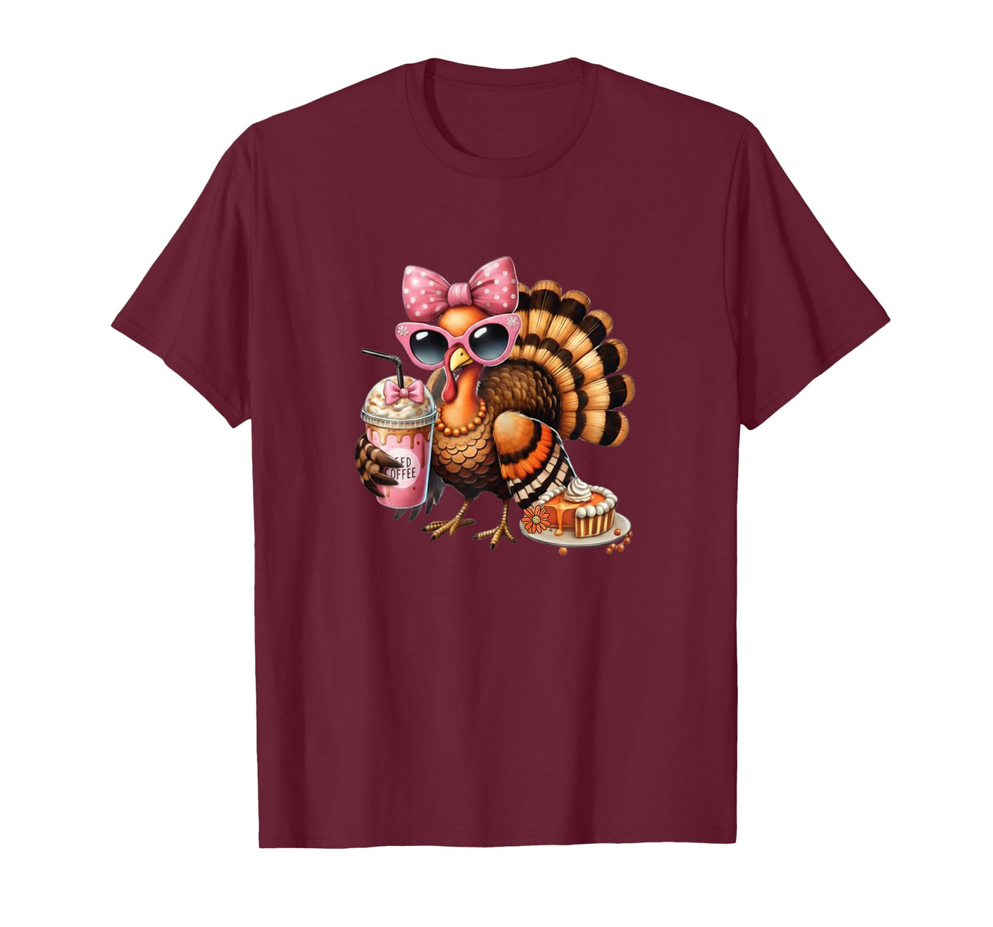Turkey Drinking Coffee Bow Thanksgiving Womens Turkey Day T-Shirt