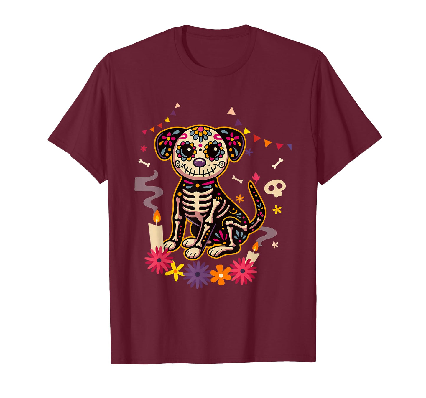 Mexican Dog Day of The Dead Skeleton Sugar Flowers Dogs T-Shirt