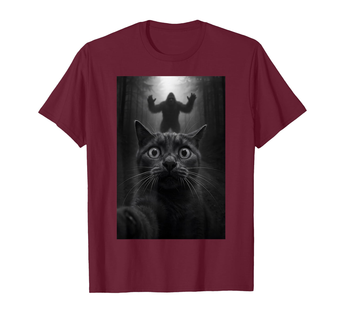 Shocked Black Cat Selfie with Bigfoot Funny for Kids Teens T-Shirt