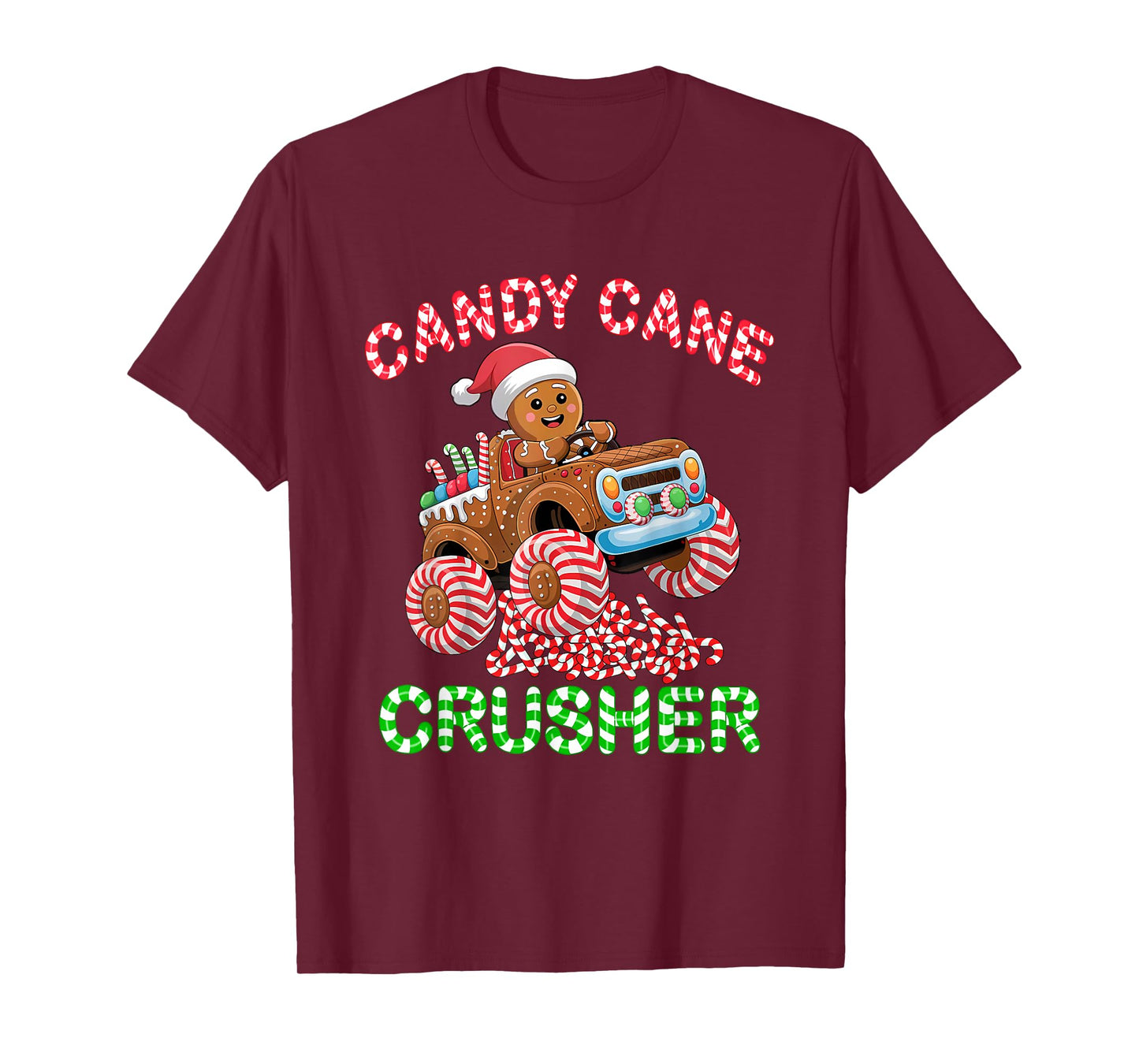 Kids Christmas Gingerbread Candy Cane Crusher Monster Truck T-Shirt