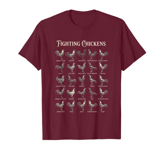 Fighting Chickens Breeds Chart Vintage Gamefowl Rooster T-Shirt
