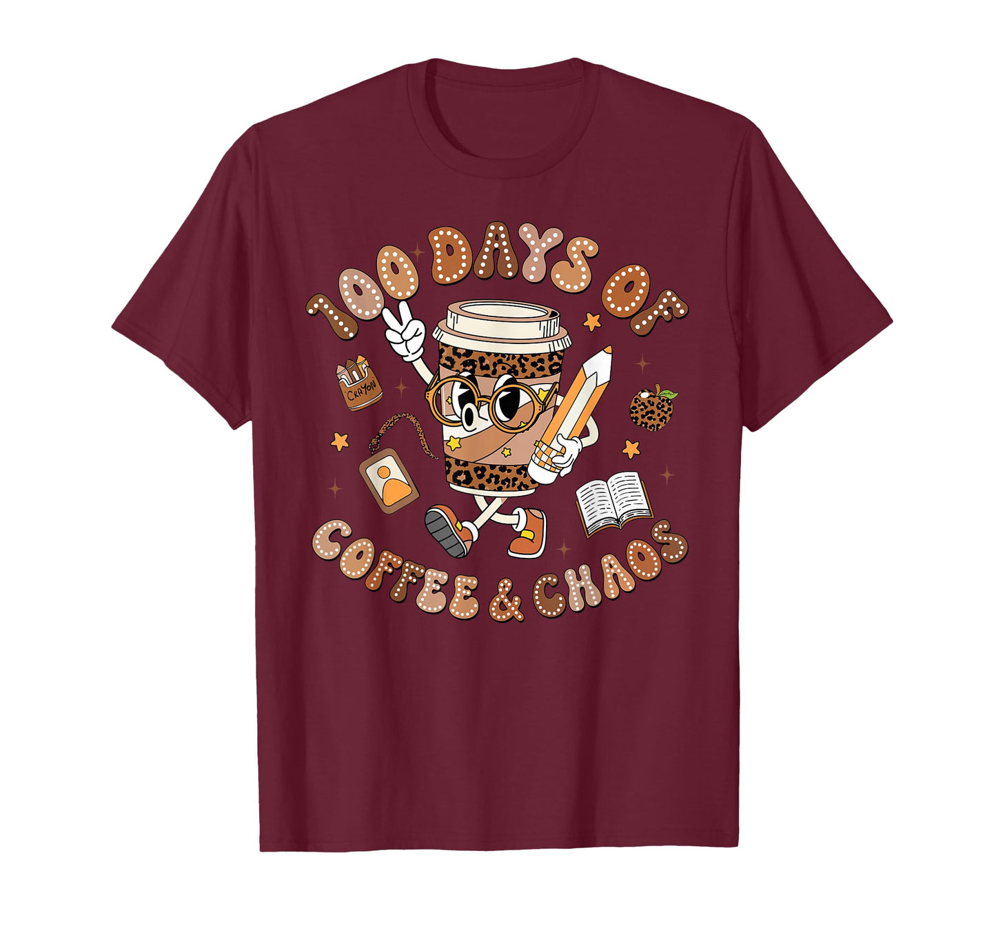 Teacher 100 Days of Coffee Chaos 100th Day of School Leopard T-Shirt