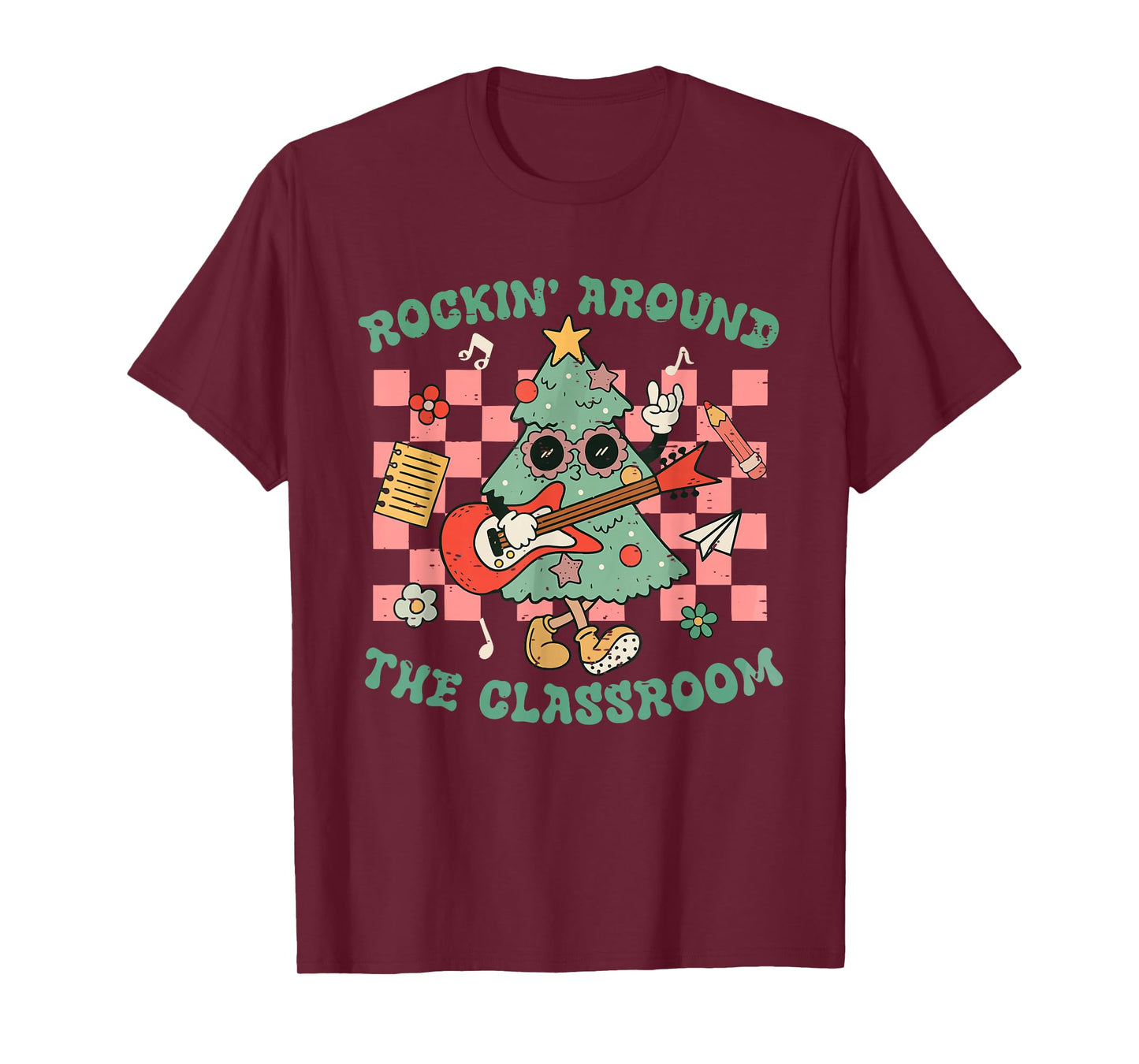 Retro Teacher Christmas Tree Rockin Around The Classroom T-Shirt