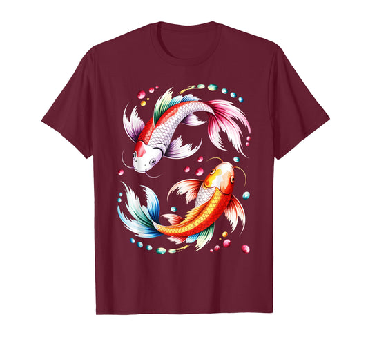Watercolor Japanese Koi Black Small Cartoon T-Shirt