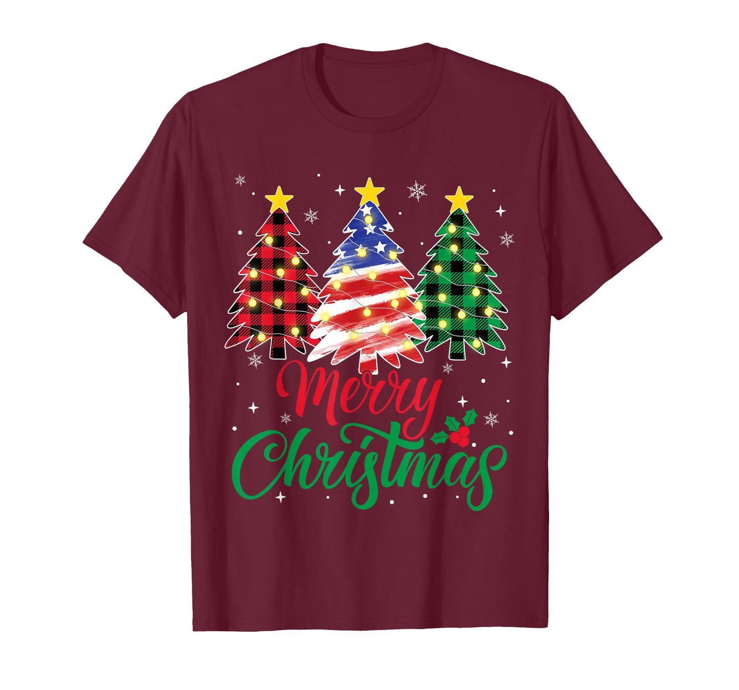 Merry Christmas Trees Red Plaid American Flag USA Xmas T-Shirt
