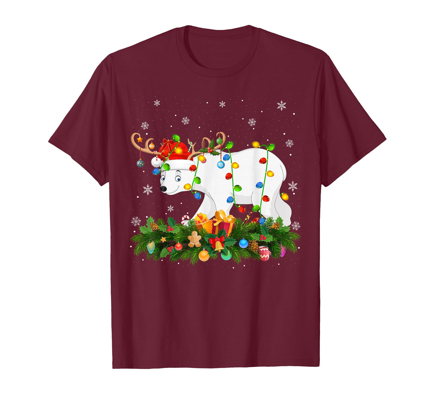 Polar Bear Christmas Lights Reindeer Santa Hat Adult & Kids T-Shirt