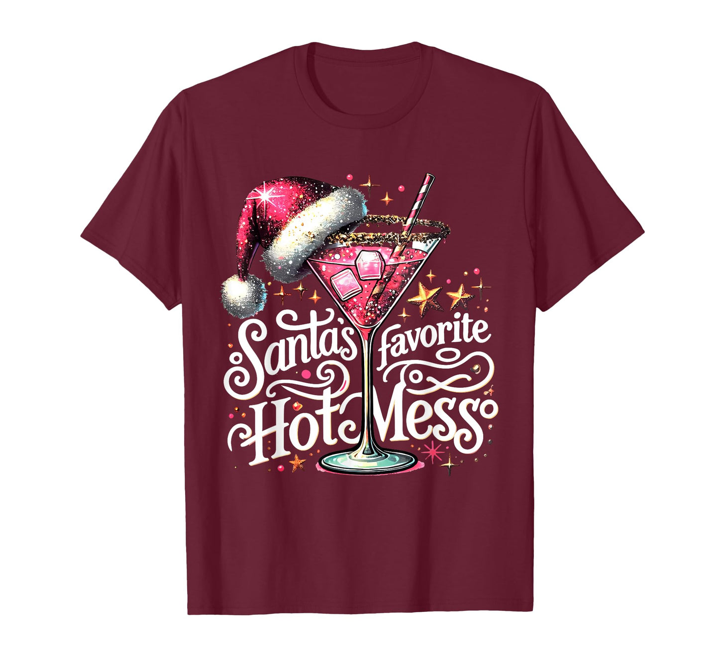 Retro Funny Santa's Favorite Hot Mess Cocktail Christmas T-Shirt