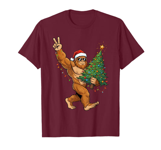 Sasquatch Christmas Tree Lights Shirt Funny Xmas Boys Men T-Shirt