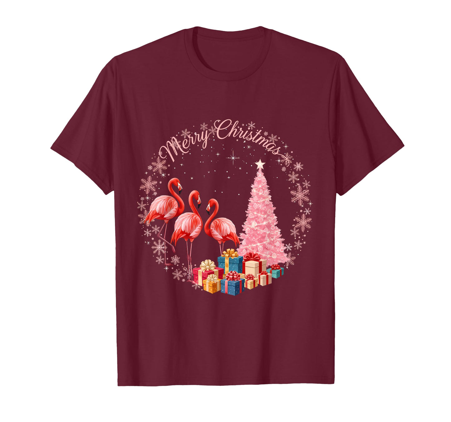 Flamingo Light Xmas Snow Hat Santa Merry Christmas T-Shirt
