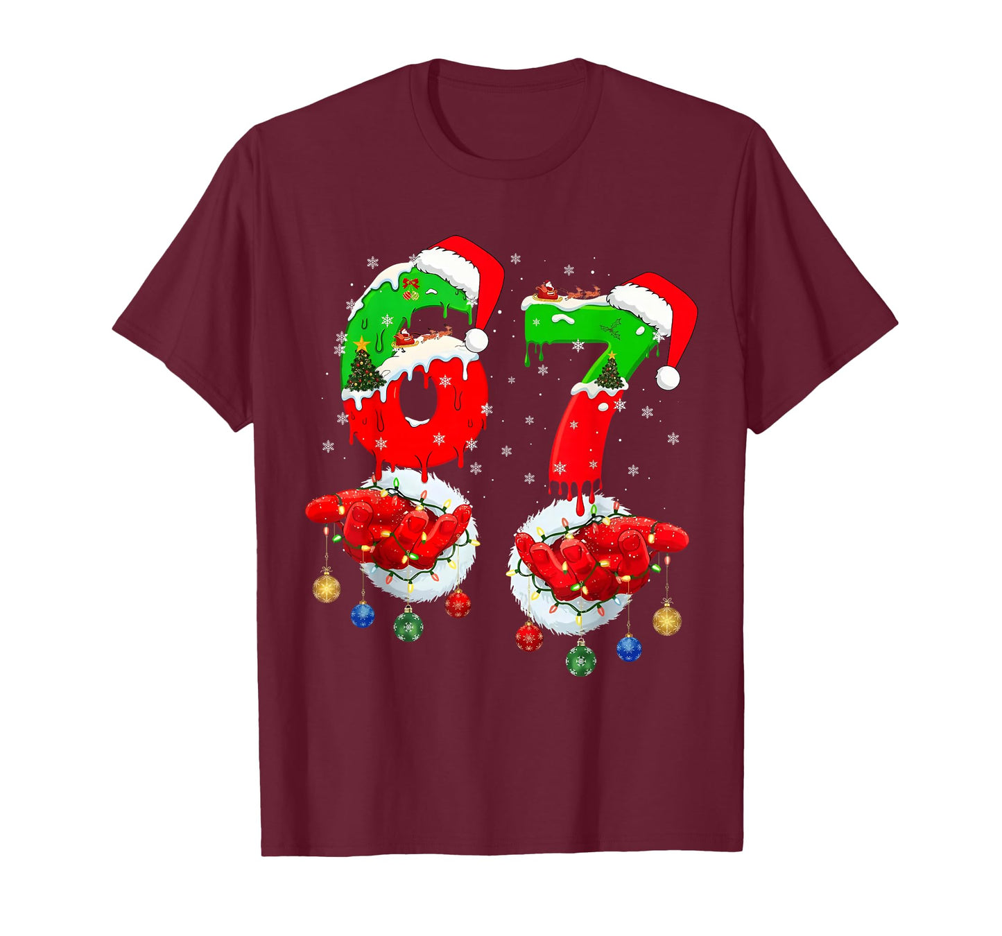 Funny Six Seven 67 Meme 6 7 Christmas Santa Hand Boys Teens T-Shirt
