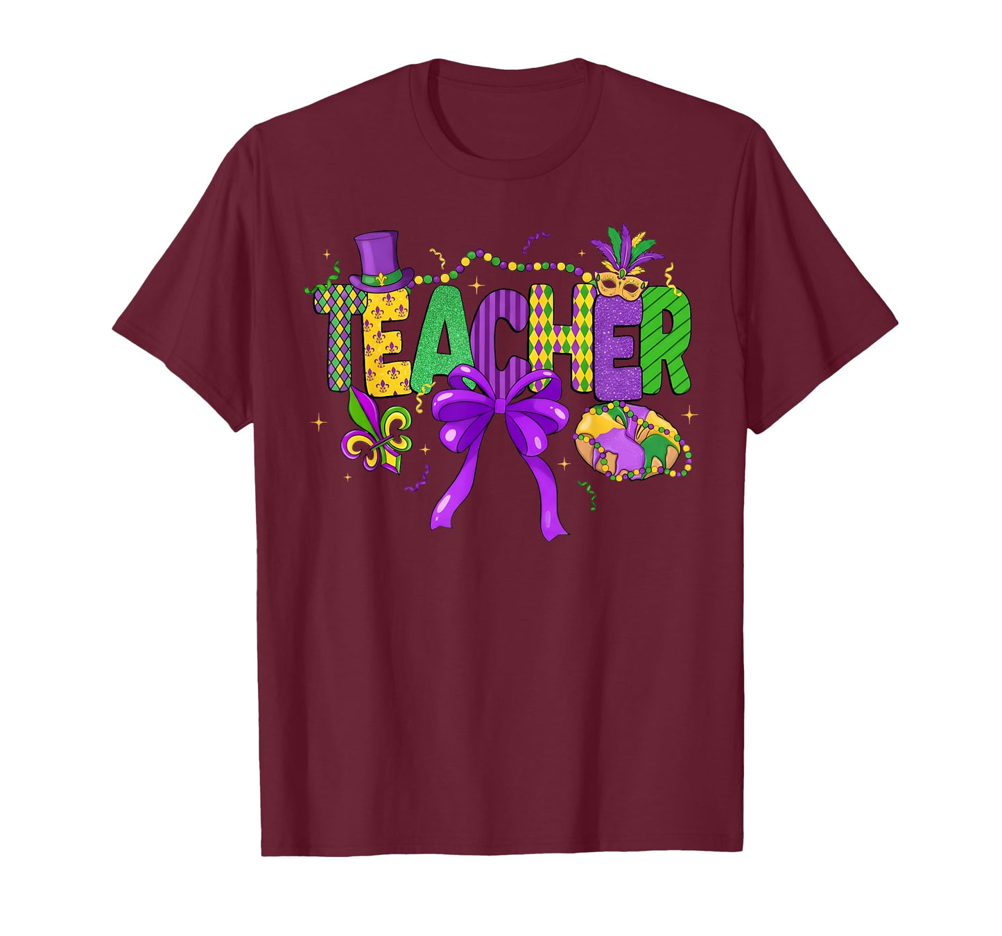 Mardi Gras Coquette Bow Masked King Cake Teacher Girl Women T-Shirt