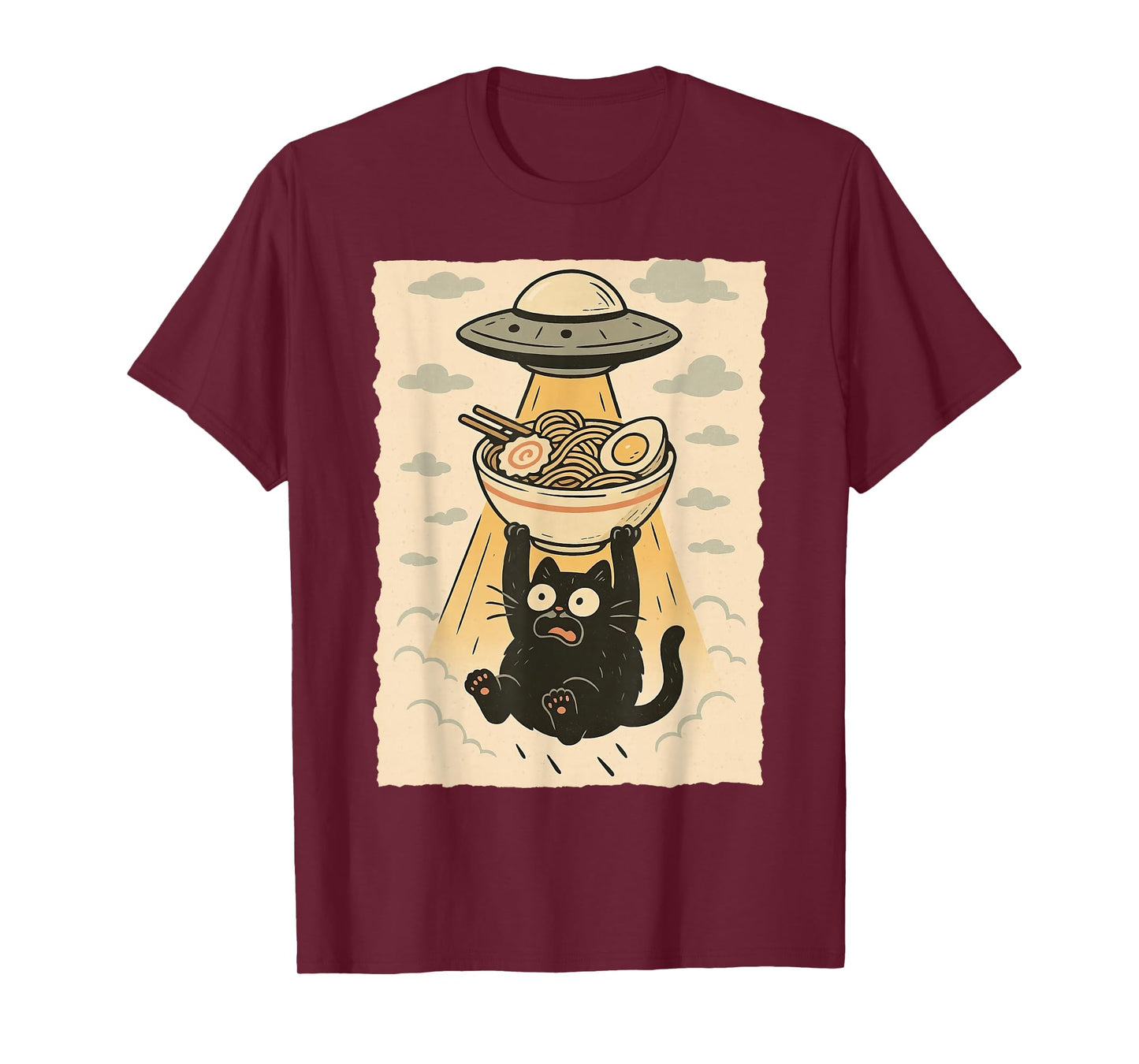 Funny Black Cat UFO Ramen Alien Abduction Graphic Tee Anime T-Shirt