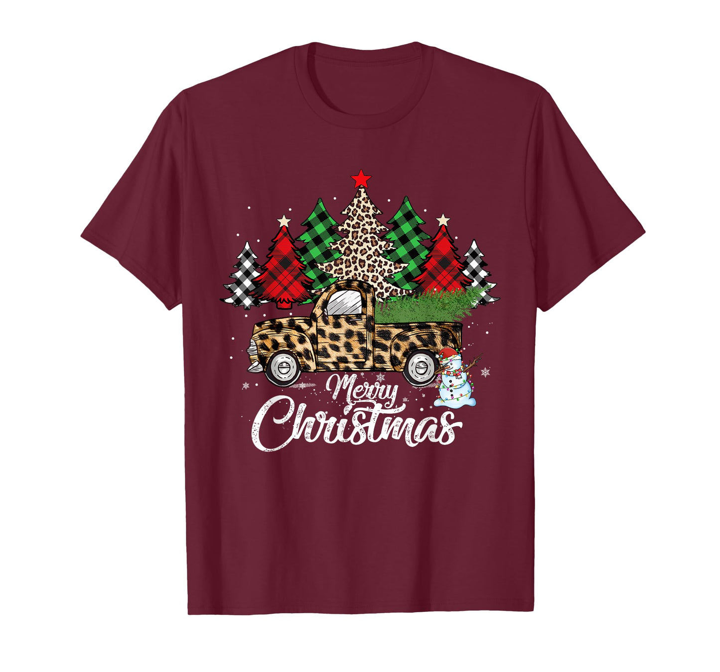 Merry Christmas Leopard Truck Buffalo Plaid Xmas Trees Party T-Shirt