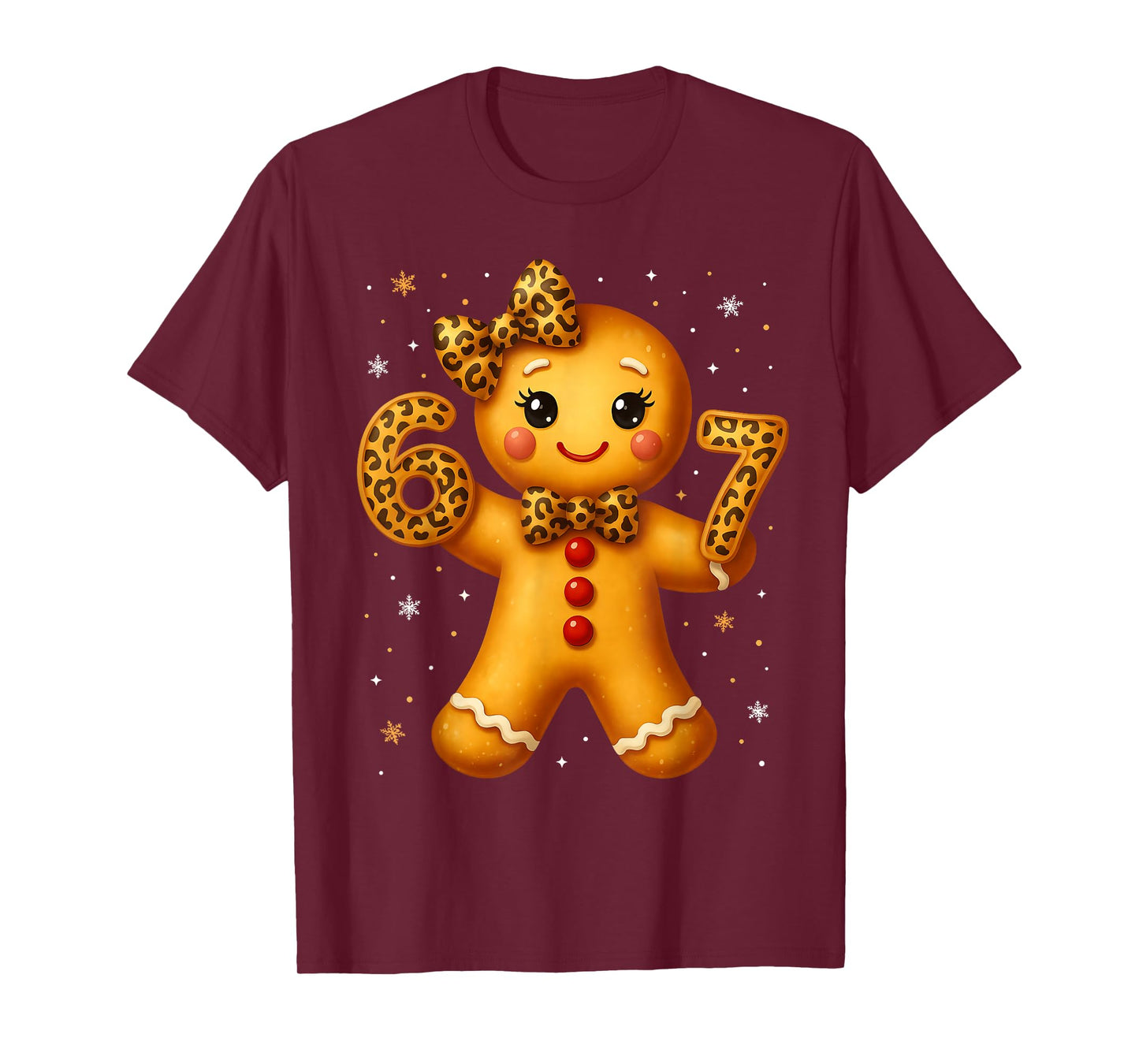 Christmas Funny Gingerbread Six Seven 67 Leopard Bow Girl T-Shirt