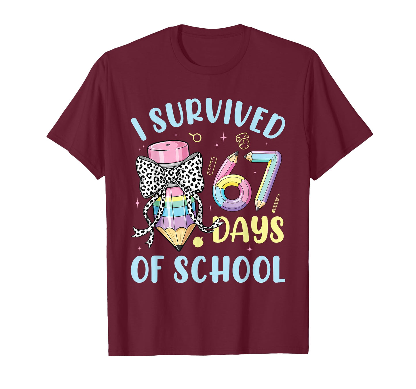 I Survived 67 Days of School Cute Pastel Pencil Bow Design T-Shirt