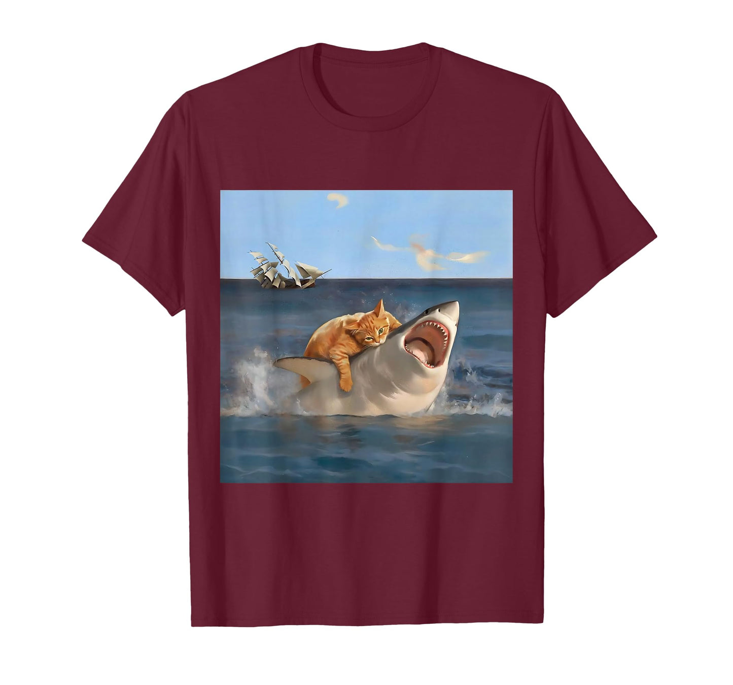 Orange Cat Biting Shark Humorous Funny Art Meme Cat Lover T-Shirt