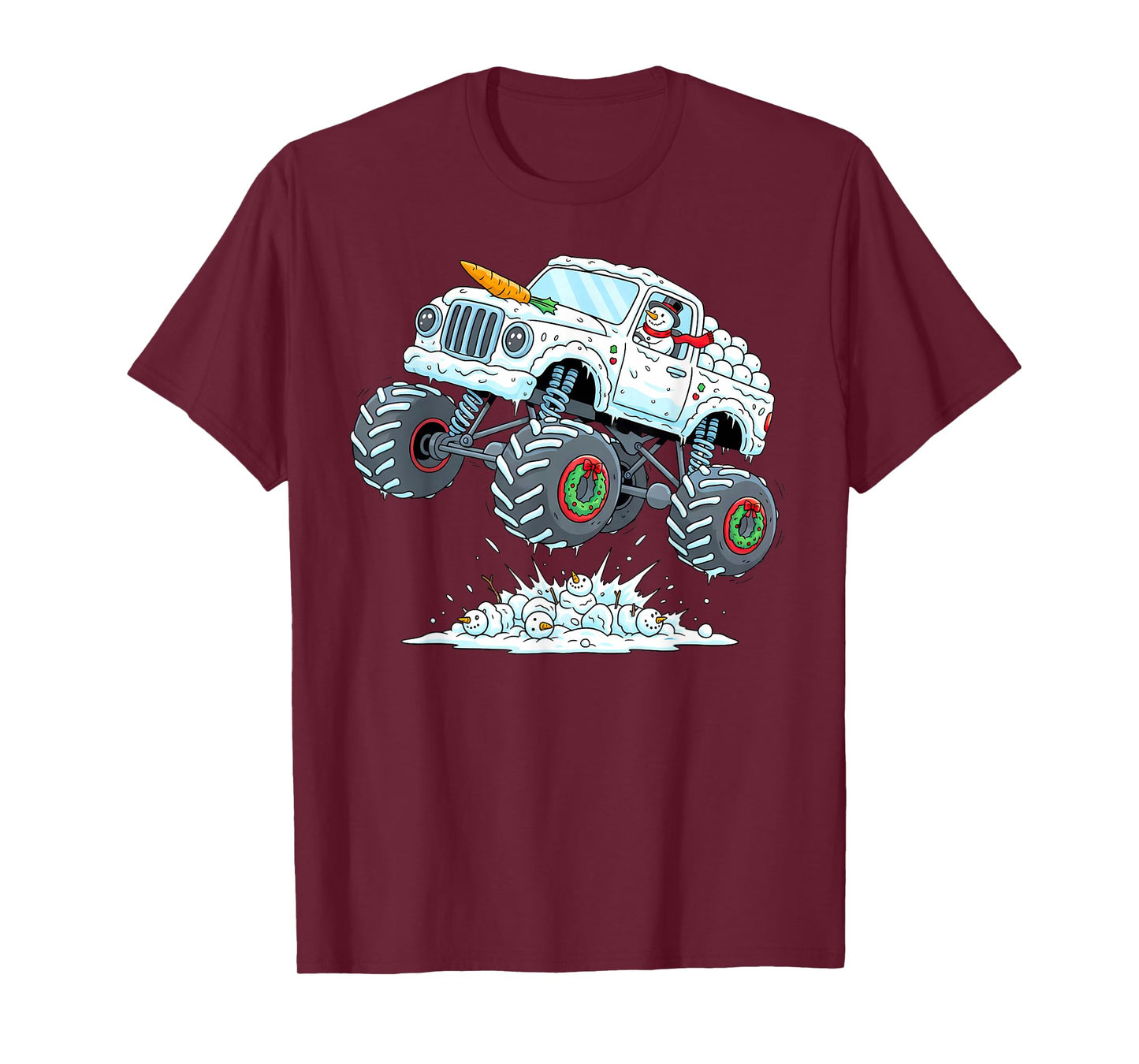 Funny Snowman Riding Monster Truck Christmas Boys Kids T-Shirt