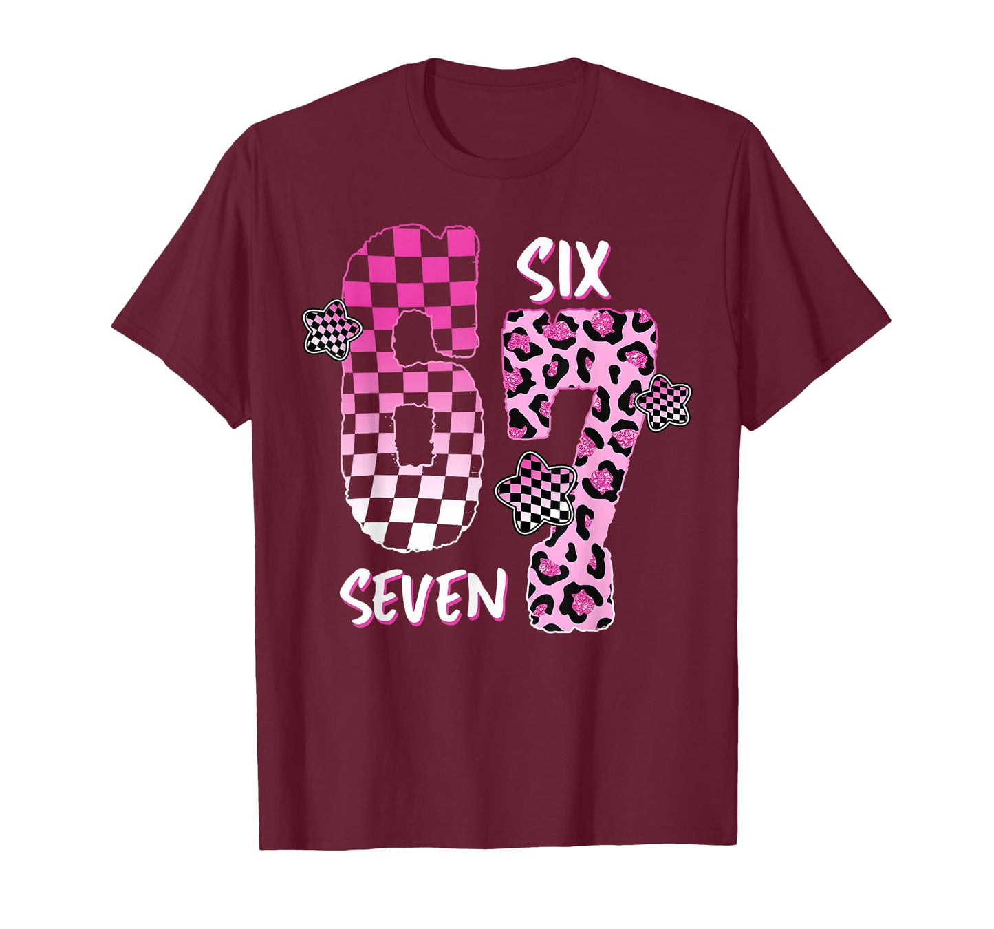 Pink Checker Leopard 6 7 Funny Six Seven Meme Girl Women T-Shirt