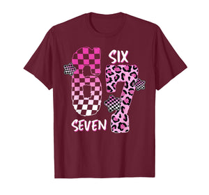 Pink Checker Leopard 6 7 Funny Six Seven Meme Girl Women T-Shirt