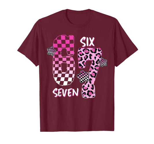 Pink Checker Leopard 6 7 Funny Six Seven Meme Girl Women T-Shirt