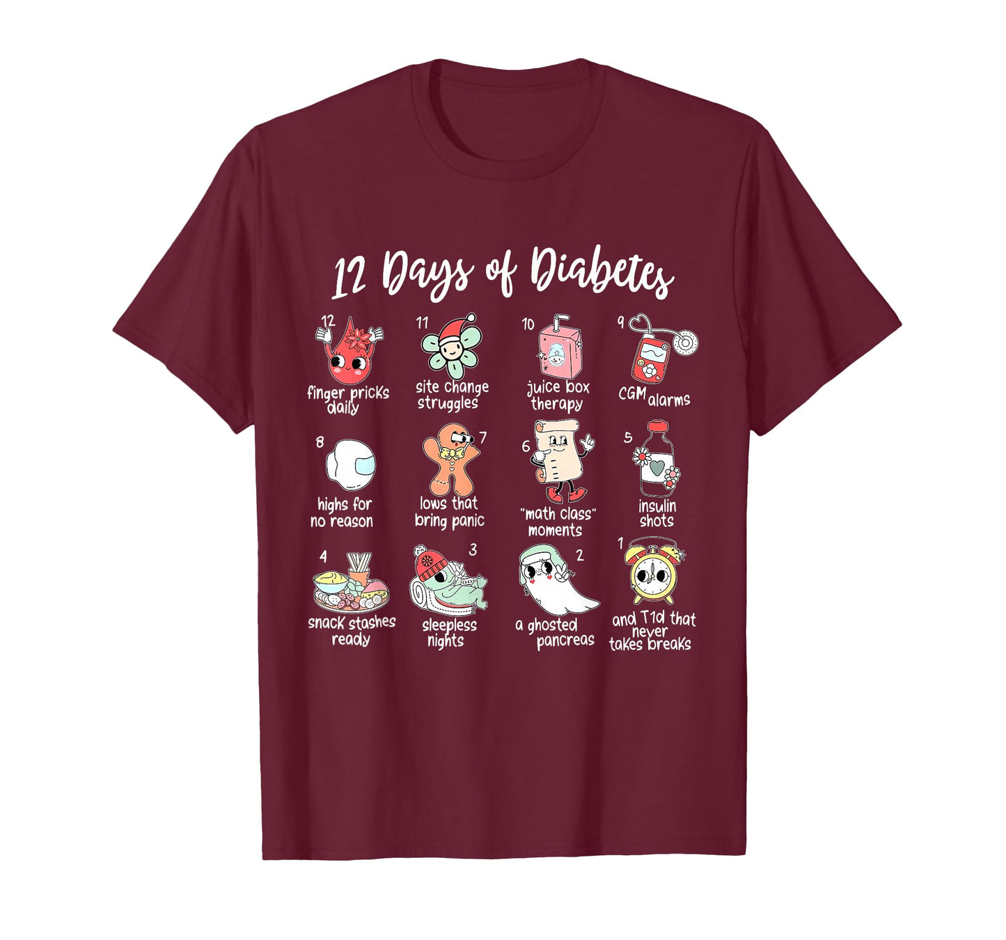 12 Days of Diabetes Christmas T1D Diabetic Type 1 Awareness T-Shirt