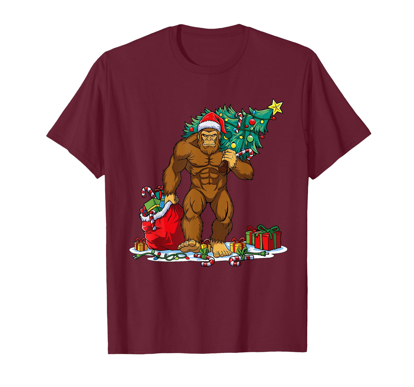 Santa Bigfoot Christmas Tree Xmas Lights Funny Sasquatch T-Shirt