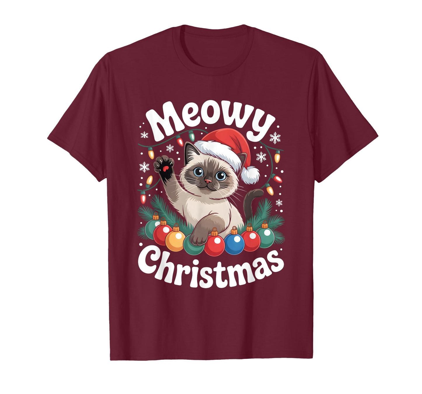 Siamese Cat Meowy Christmas Cute Santa Hat Holiday Funny T-Shirt