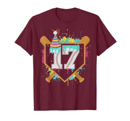 17th Birthday Baseball Drip Number 17 Year Old Birthday Boy T-Shirt