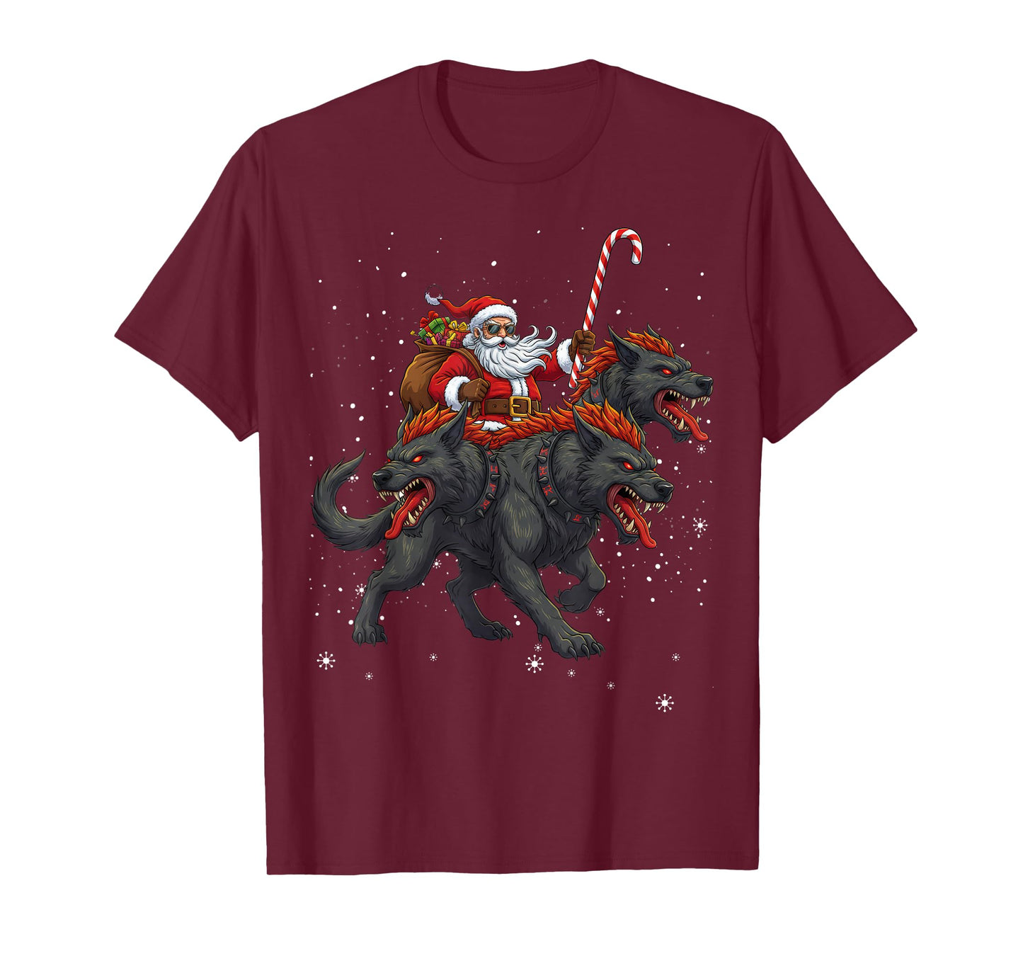 Santa Claus Riding Cerberus Mythical Christmas Monster T-Shirt