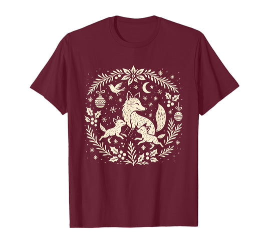 Winter Fox and Cubs Scandinavian Folk Art Woodland Xmas T-Shirt